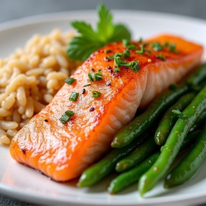 Seared Salmon with Garlic Green Beans and Brown Rice