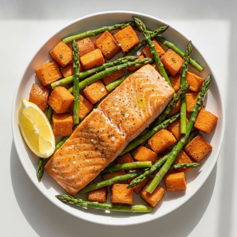 Seared Salmon with Roasted Sweet Potatoes and Asparagus