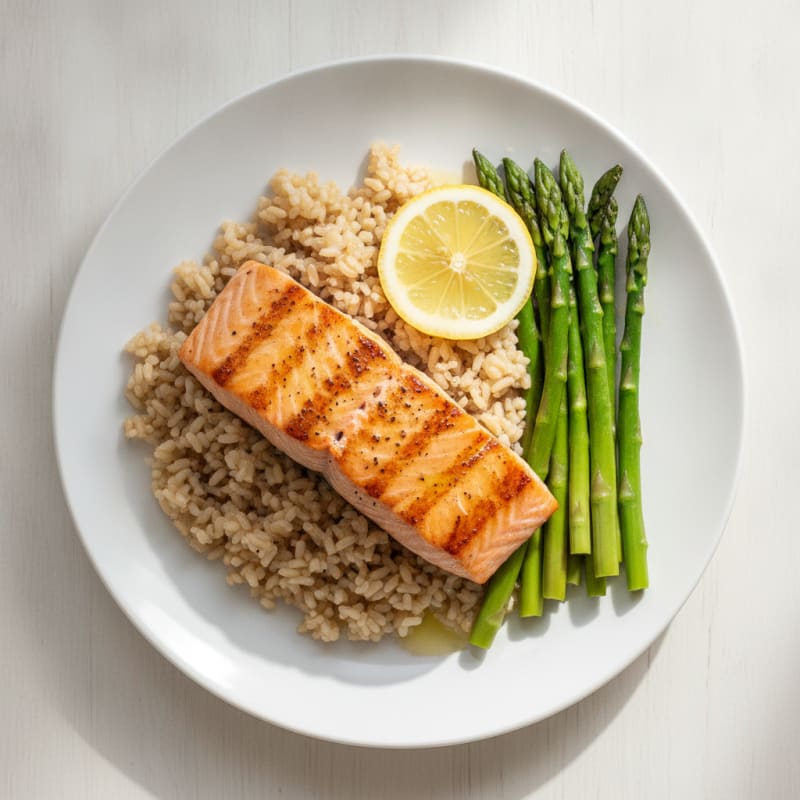 Seared Salmon Fillet with Steamed Asparagus and Brown Rice