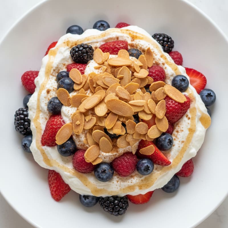 Silky Protein Yogurt Parfait with Mixed Berries and Almond Crunch