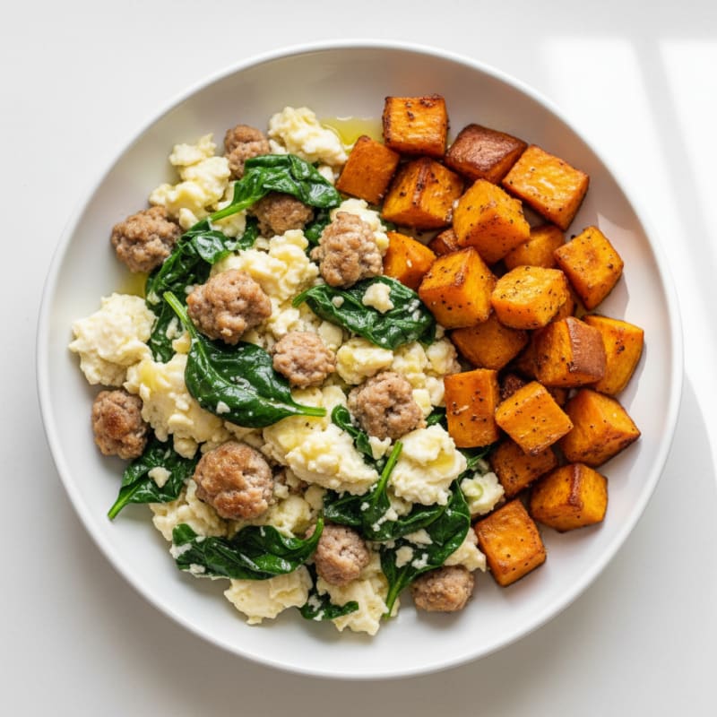 Egg White and Turkey Sausage Scramble with Spinach and Roasted Sweet Potato
