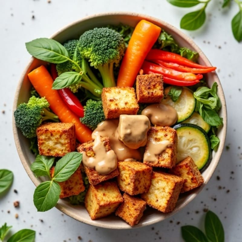 Crispy Baked Tofu and Roasted Vegetable Power Bowl with Creamy Peanut Dressing