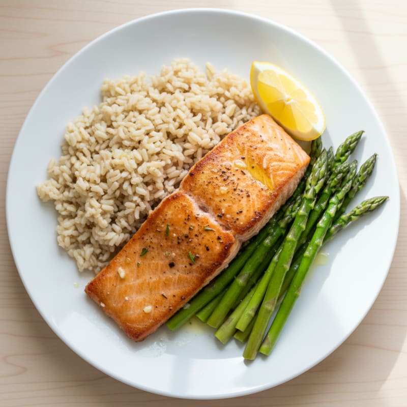 Seared Salmon with Steamed Asparagus and Brown Rice