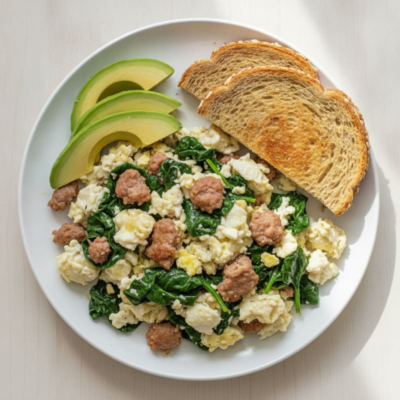 Egg White and Turkey Sausage Scramble with Sautéed Spinach