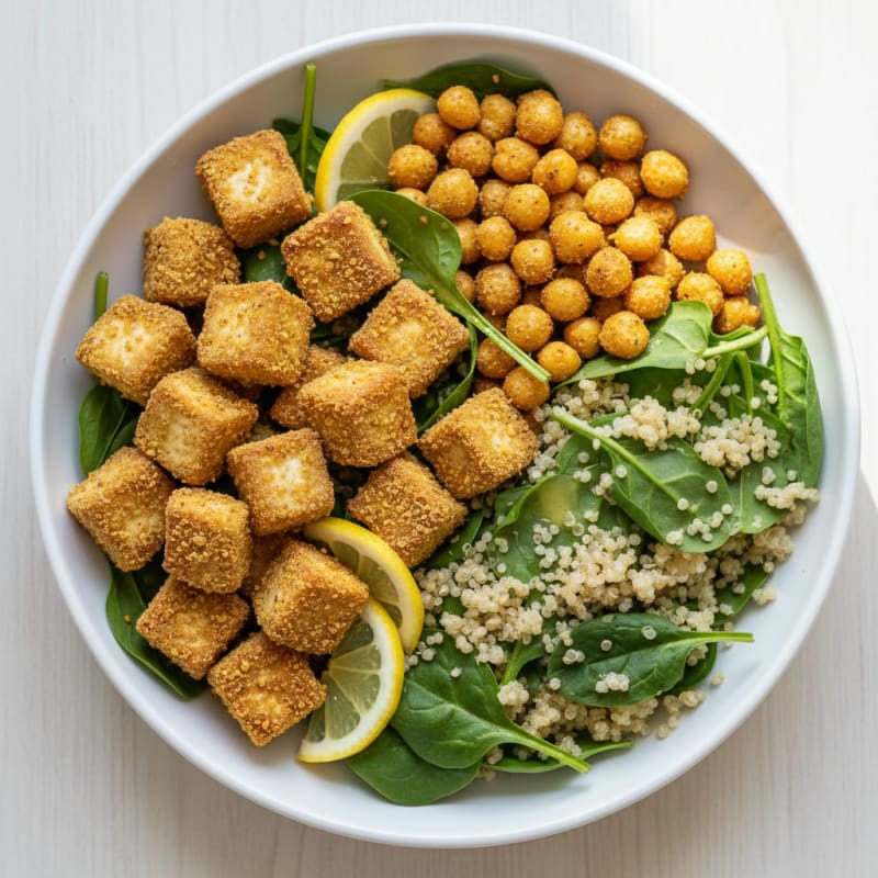 Crispy Tofu and Quinoa Power Bowl with Roasted Chickpeas