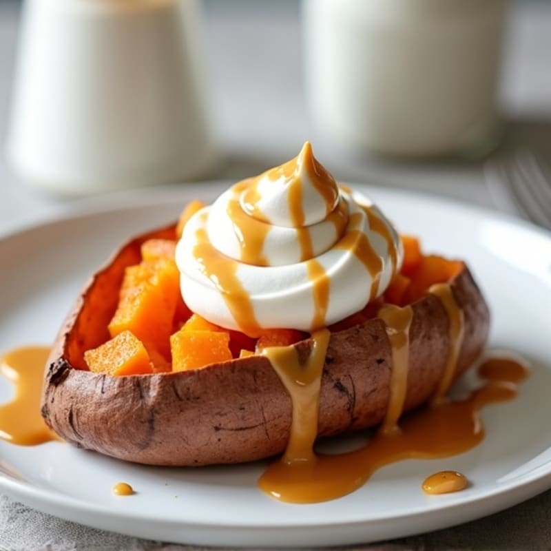 Baked Sweet Potato with Creamy Vanilla Yogurt and Peanut Butter Drizzle