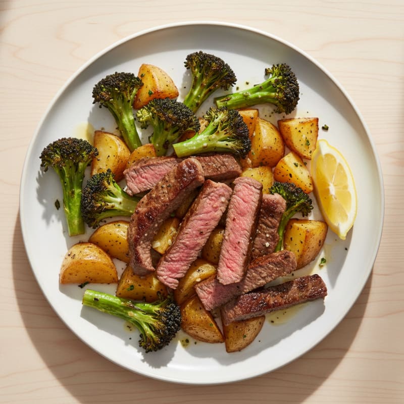 Seared Beef Strips with Roasted Broccoli and Garlic Golden Potatoes