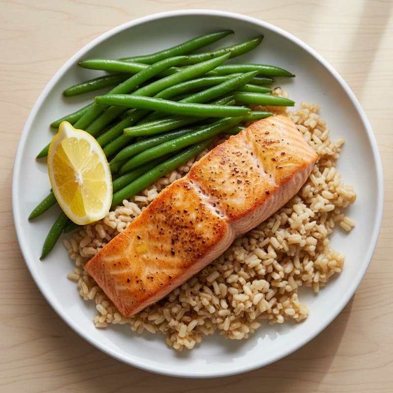 Seared Salmon with Steamed Green Beans and Brown Rice