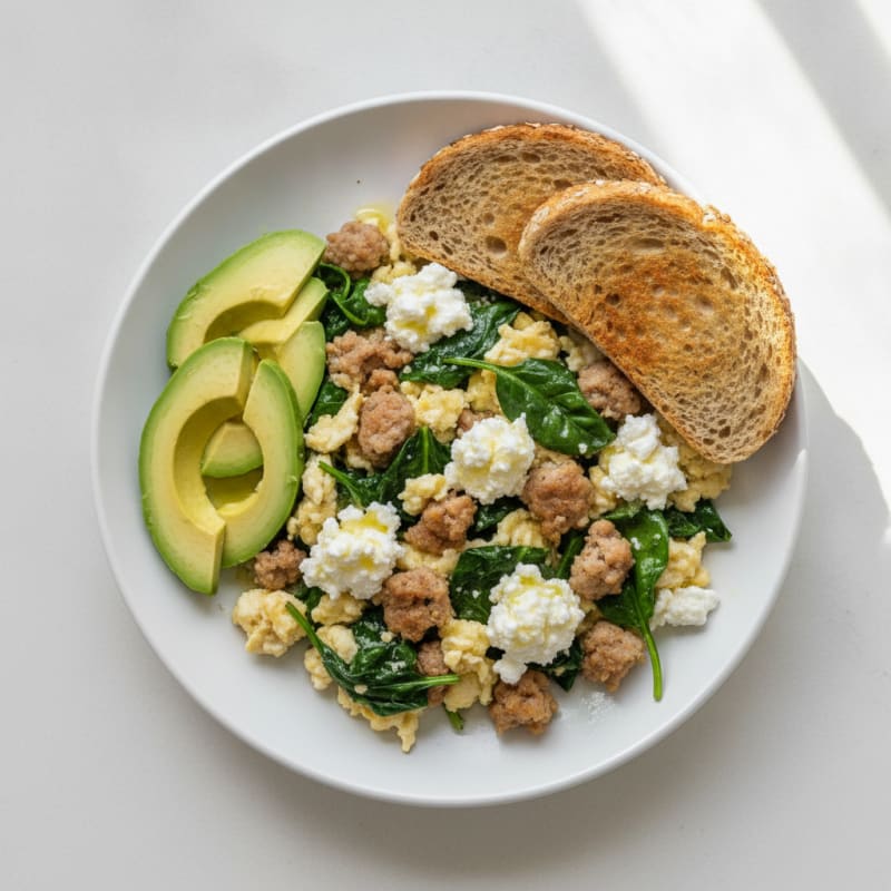 Egg White and Turkey Sausage Scramble with Cottage Cheese and Spinach