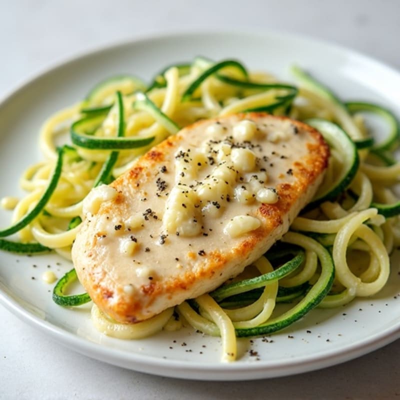 Creamy Cauliflower Alfredo Chicken with Zucchini Noodles