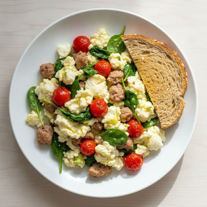 Egg White and Turkey Sausage Scramble with Spinach and Tomatoes