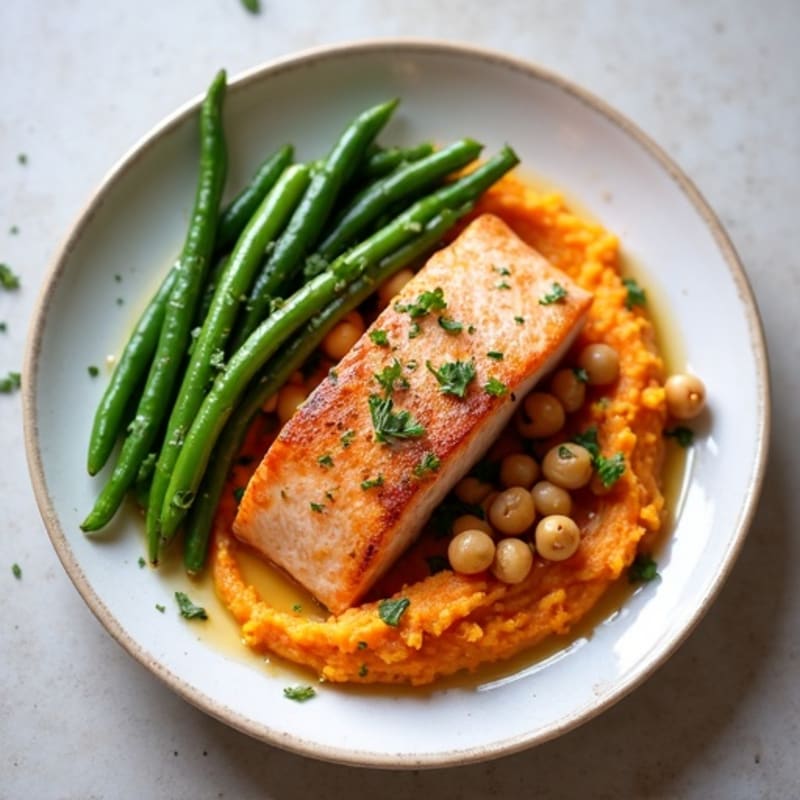 Seared Salmon with Garlic Green Beans and Sweet Potato Mash