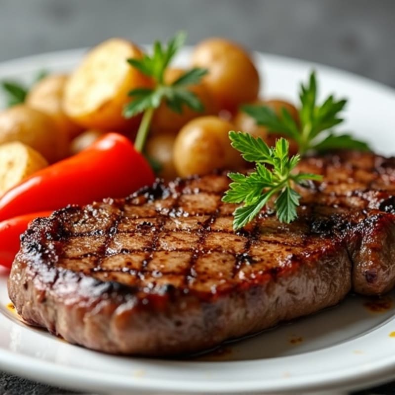 Seared Steak with Garlic Potatoes and Sautéed Peppers
