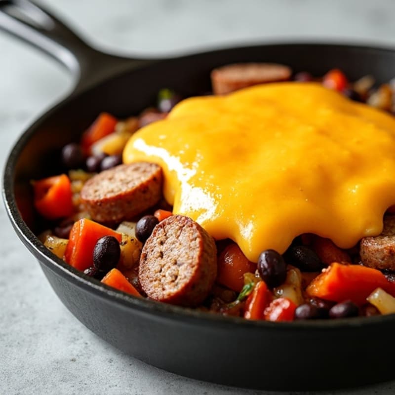 Skillet Chicken Sausage and Black Bean Hash with Melted Cheese