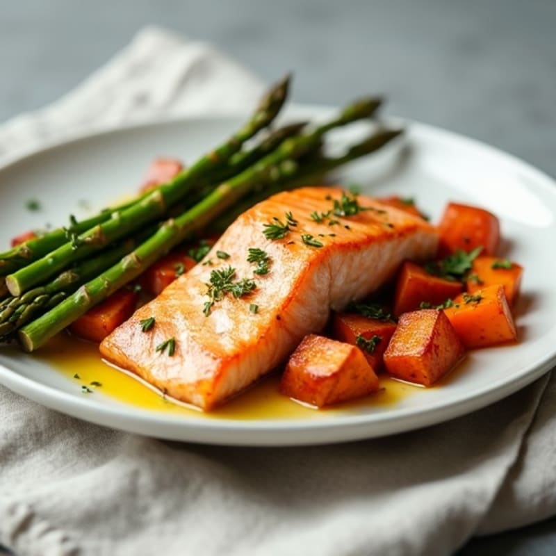 Seared Salmon with Roasted Sweet Potatoes and Asparagus