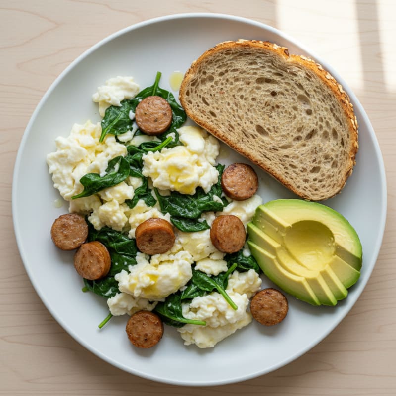 Egg White and Spinach Scramble with Turkey Sausage