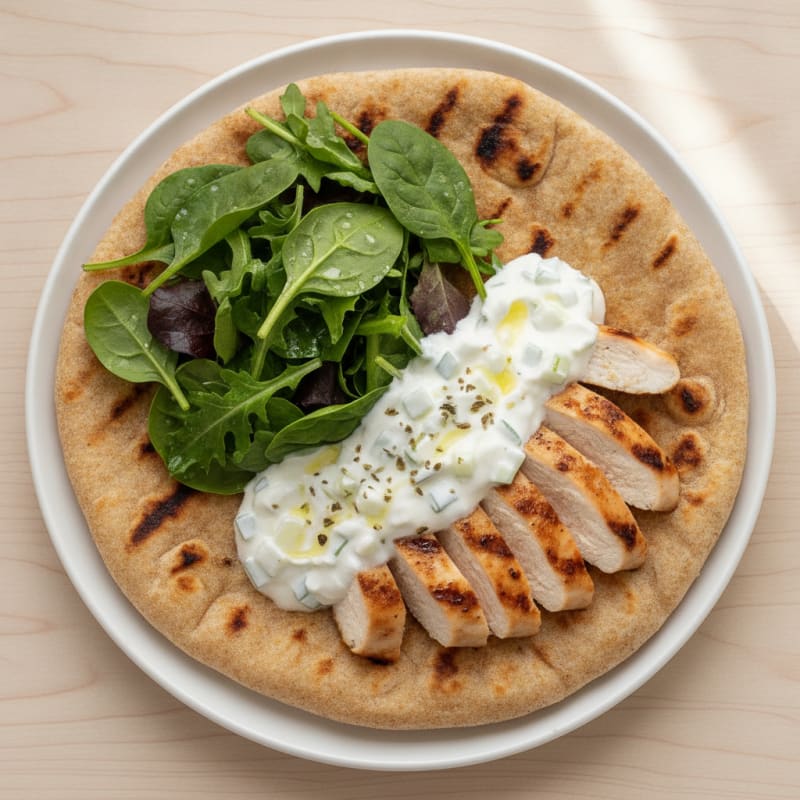 Grilled Chicken Flatbread with Greek Yogurt Tzatziki and Mixed Greens