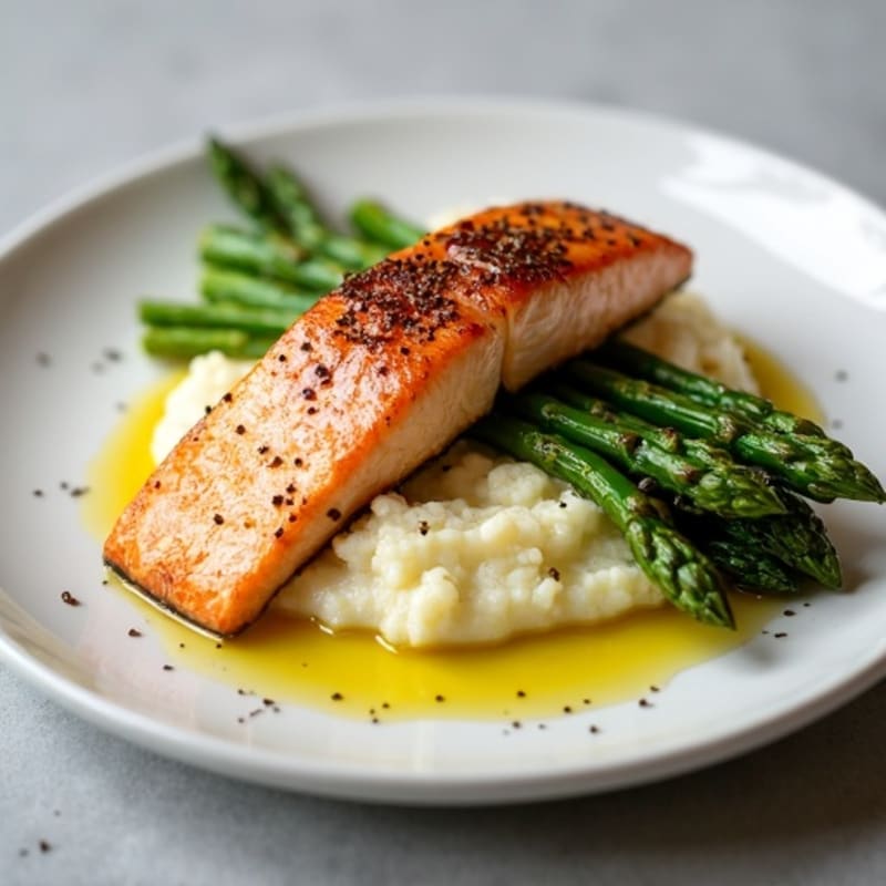 Seared Salmon with Roasted Asparagus and Cauliflower Mash