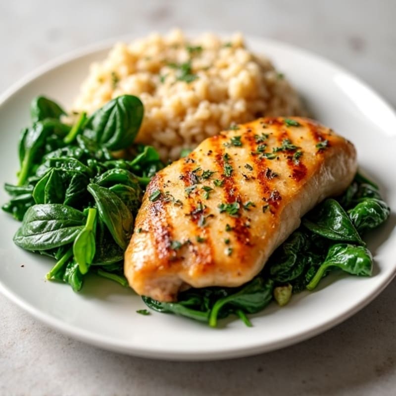 Garlic Chicken with Fresh Spinach and Fluffy Brown Rice