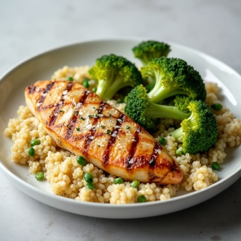 Grilled Chicken Breast with Creamy Quinoa and Roasted Broccoli