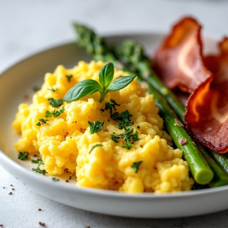 Fluffy Scrambled Eggs with Fresh Herbs and Roasted Asparagus