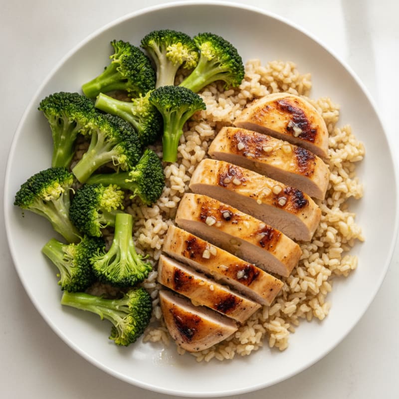 Grilled Lemon Garlic Chicken with Steamed Broccoli and Brown Rice