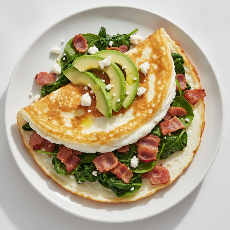 Crispy Egg White Omelet with Turkey Bacon and Sautéed Spinach
