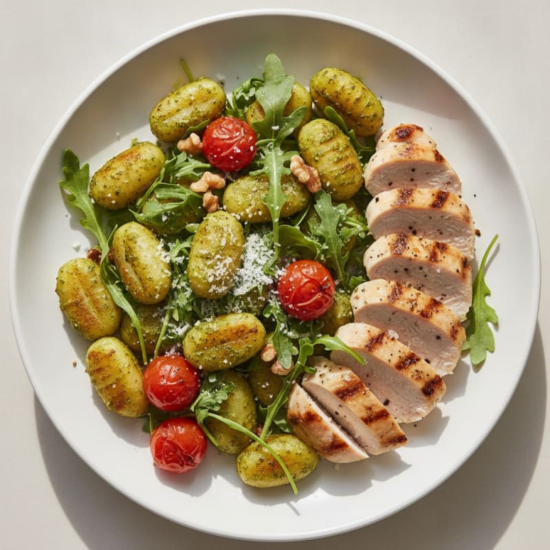 Gnocchi with Arugula Pesto and Cherry Tomatoes
