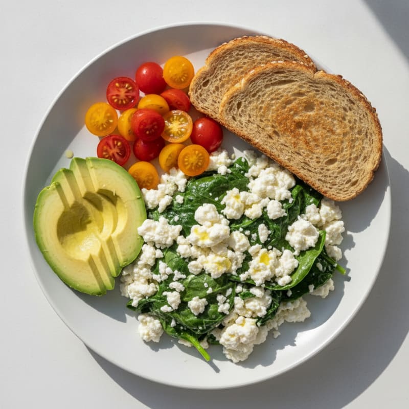 Cottage Cheese Egg White Scramble with Sautéed Spinach and Cherry Tomatoes