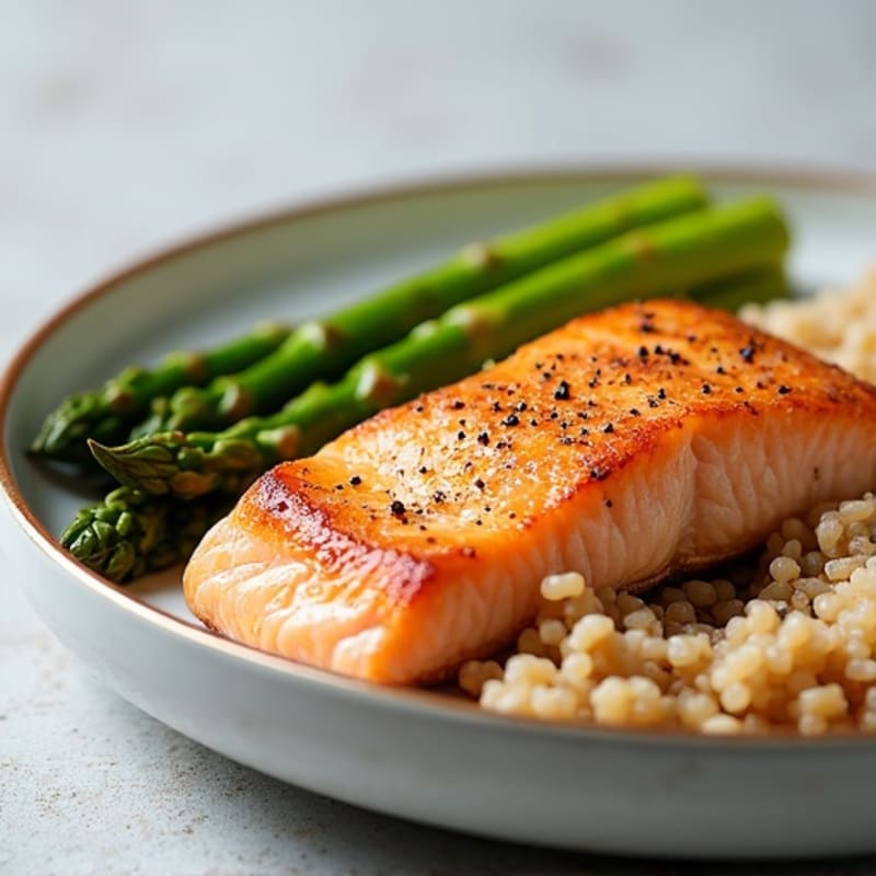 Seared Salmon Fillet with Steamed Asparagus and Brown Rice