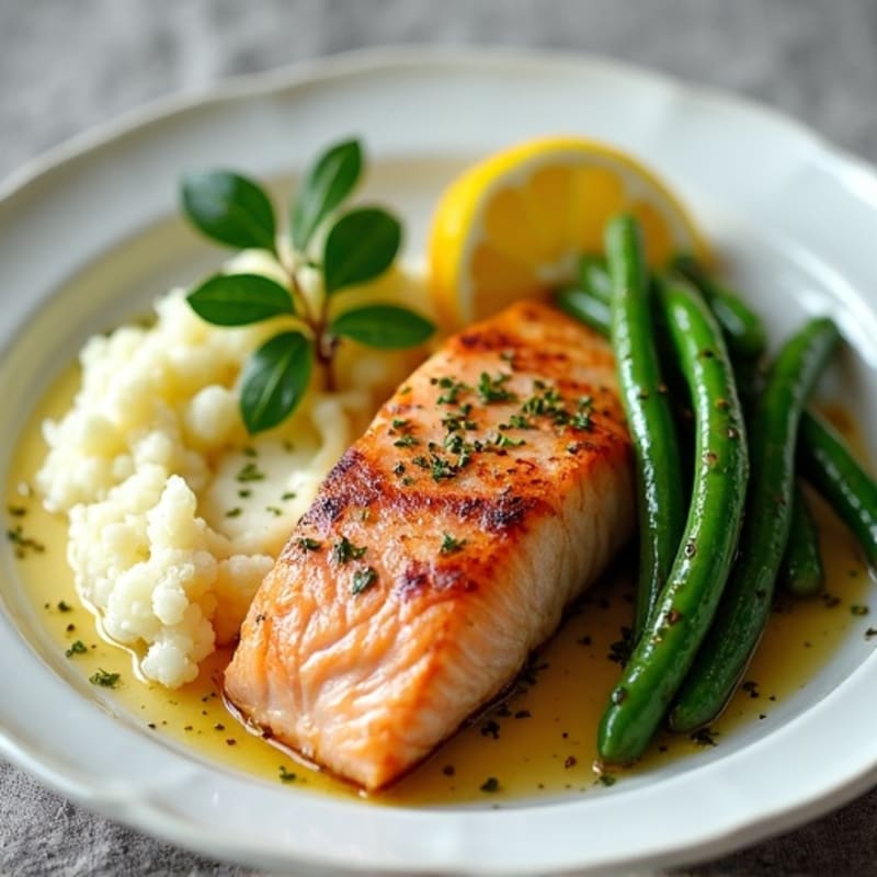 Seared Salmon with Garlic Green Beans and Cauliflower Mash