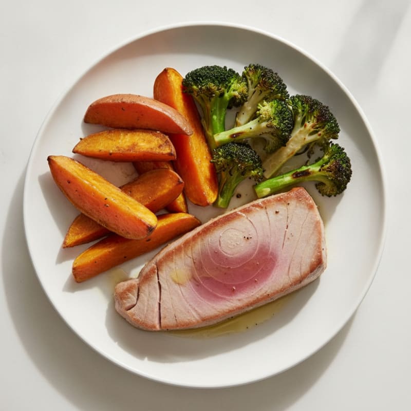 Grilled Tuna Steak with Roasted Sweet Potatoes and Broccoli