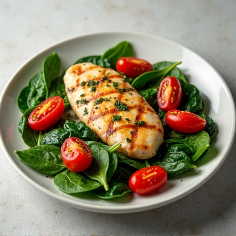 Garlic-Sautéed Spinach with Burst Cherry Tomatoes and Grilled Chicken
