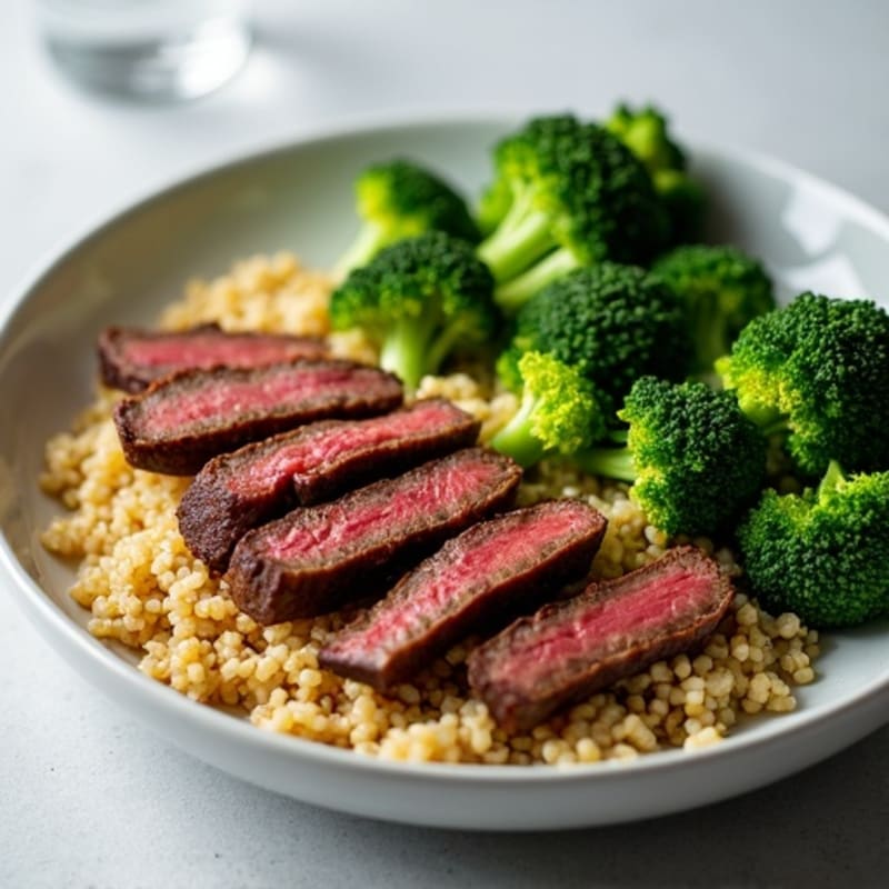 Seared Lean Beef Strips with Steamed Broccoli and Quinoa