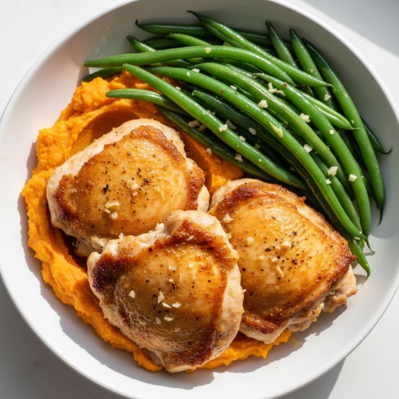 Seared Chicken Thighs with Garlic Green Beans and Sweet Potato Mash