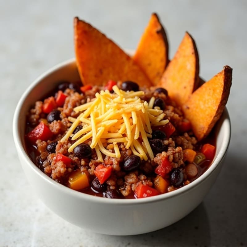 Lean Ground Turkey Chili with Crispy Roasted Sweet Potato Wedges and Sharp Cheddar
