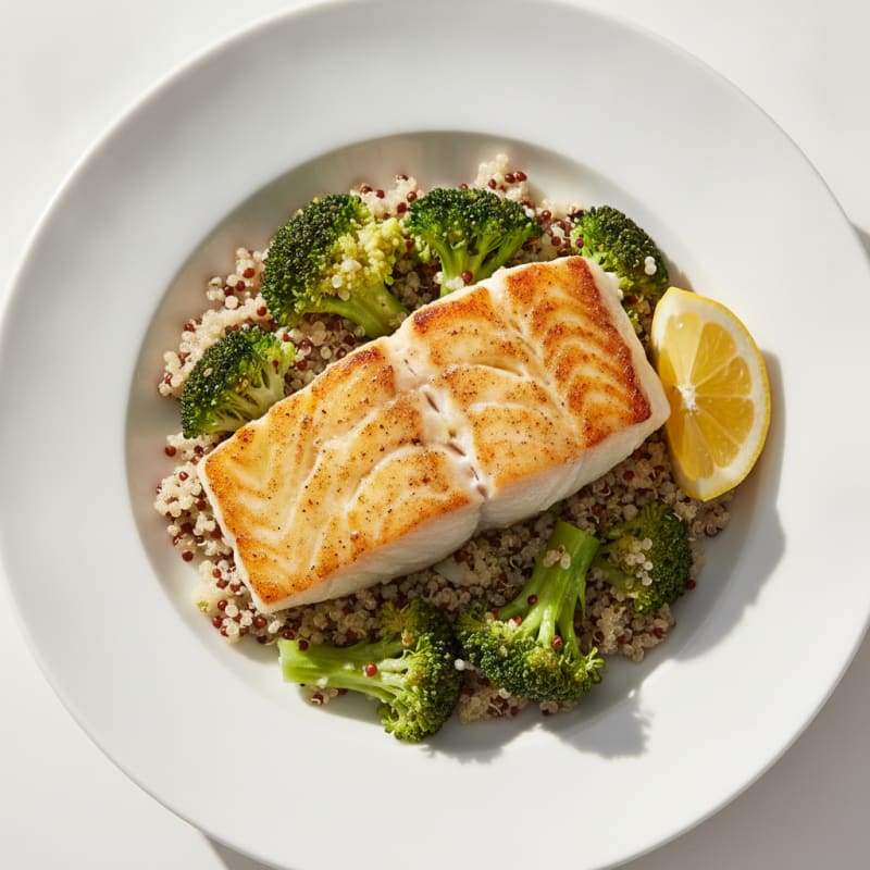 Seared Cod Fillet with Steamed Broccoli and Quinoa