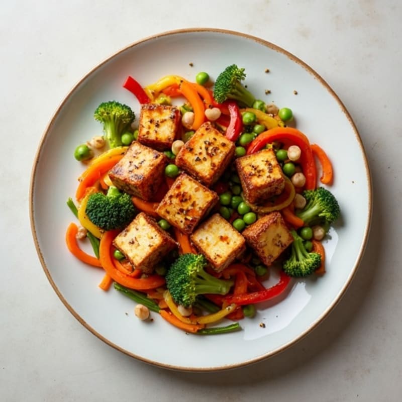 Crispy Sesame Tofu with Vibrant Stir-Fried Vegetables