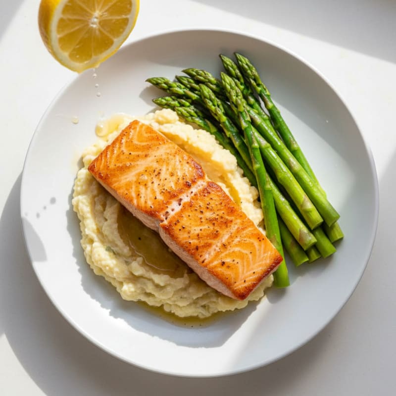Seared Salmon with Steamed Asparagus and Cauliflower Mash