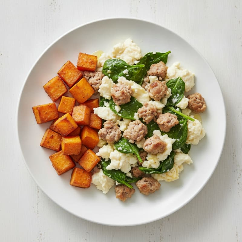 Egg White and Turkey Sausage Scramble with Spinach and Roasted Sweet Potatoes