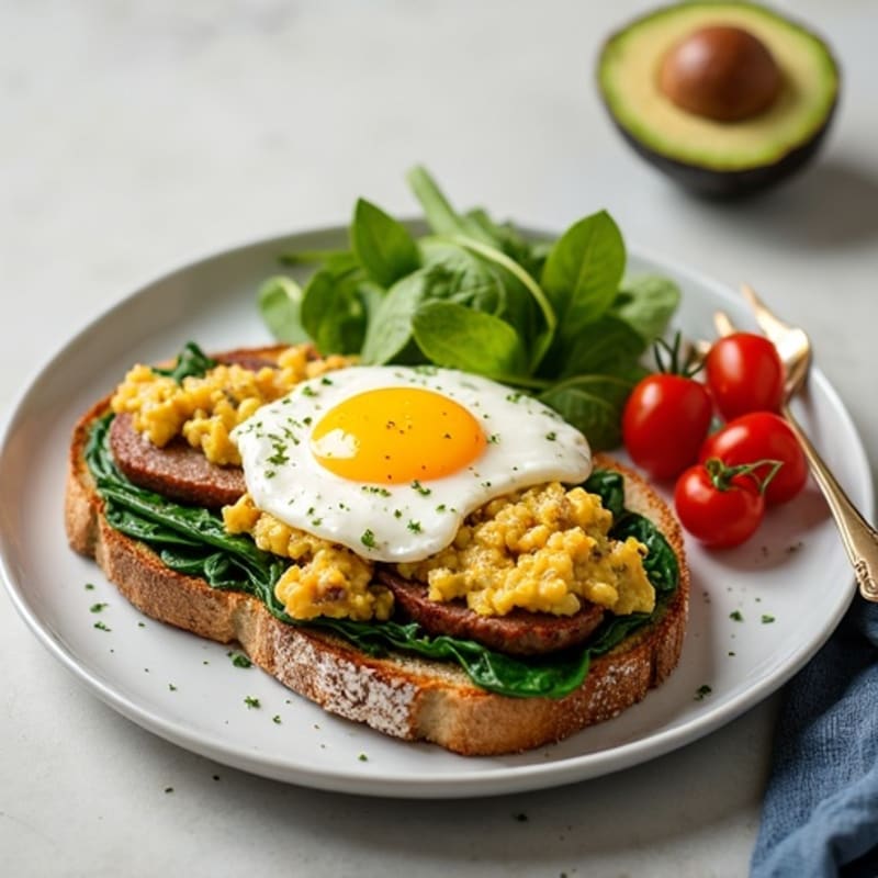Egg White and Turkey Sausage Scramble with Spinach, Cottage Cheese & Avocado Toast