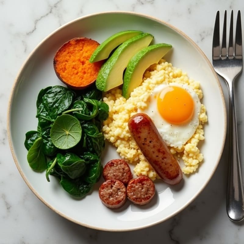 Egg White and Turkey Sausage Scramble with Sautéed Spinach