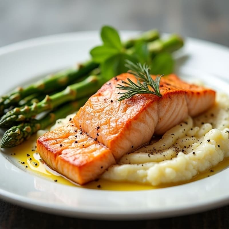 Seared Salmon with Steamed Asparagus and Cauliflower Mash