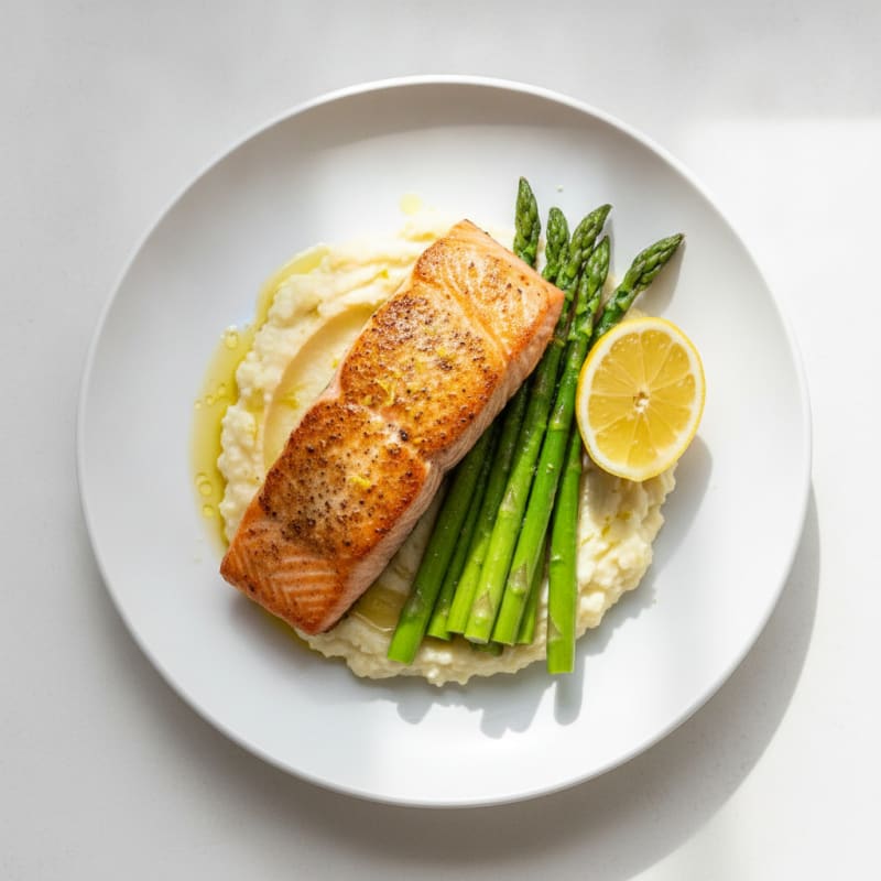 Seared Salmon with Steamed Asparagus and Cauliflower Mash