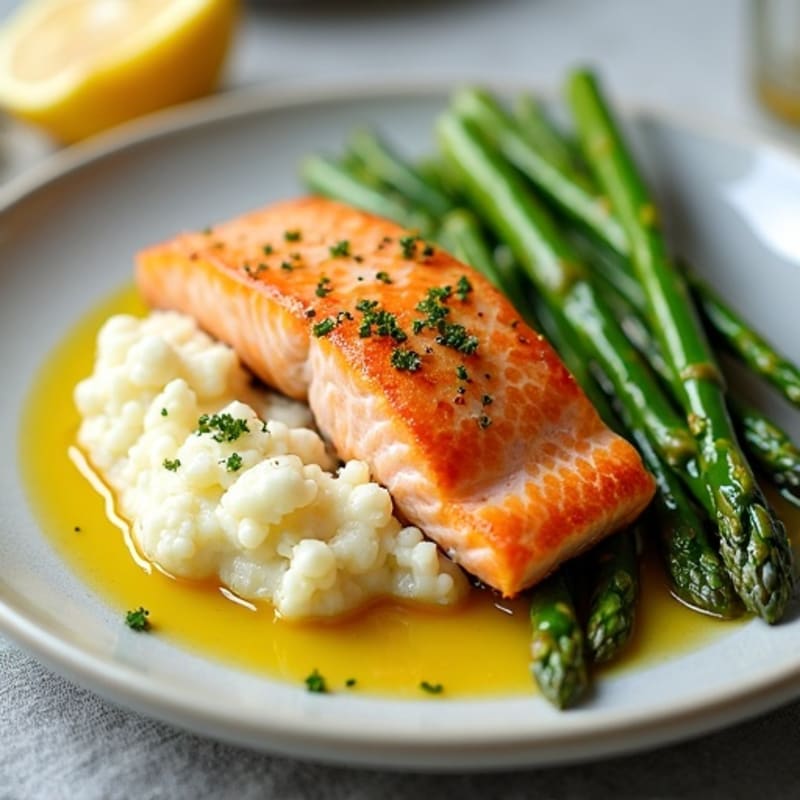 Seared Salmon with Steamed Asparagus and Cauliflower Mash