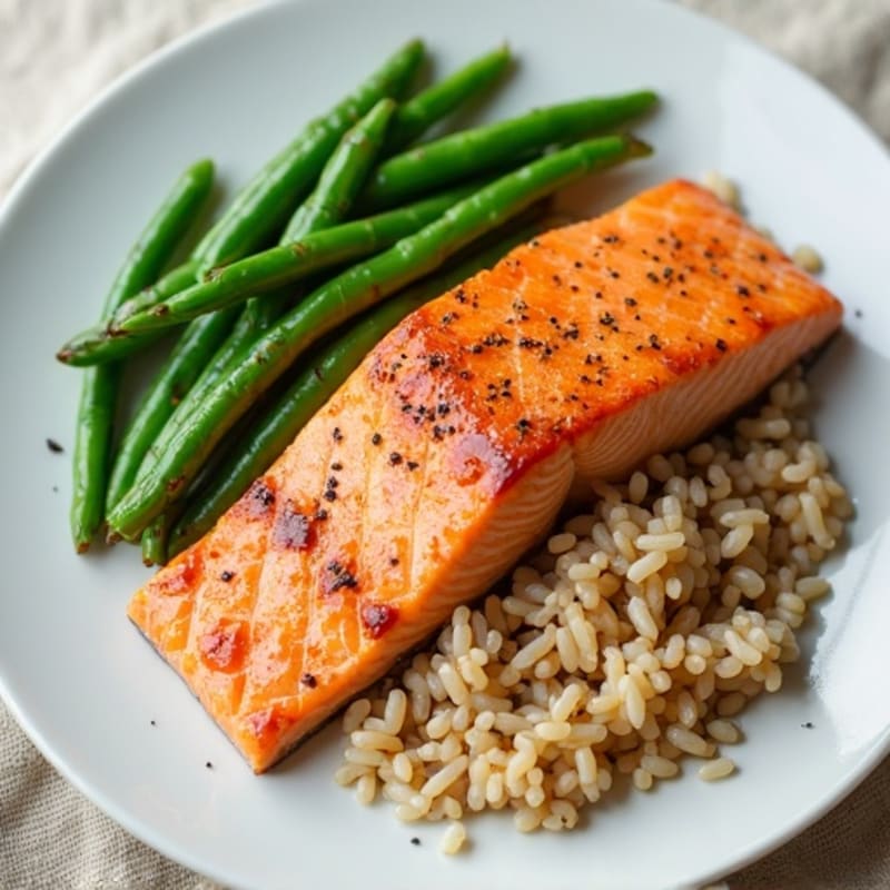 Seared Salmon Fillet with Steamed Green Beans and Brown Rice