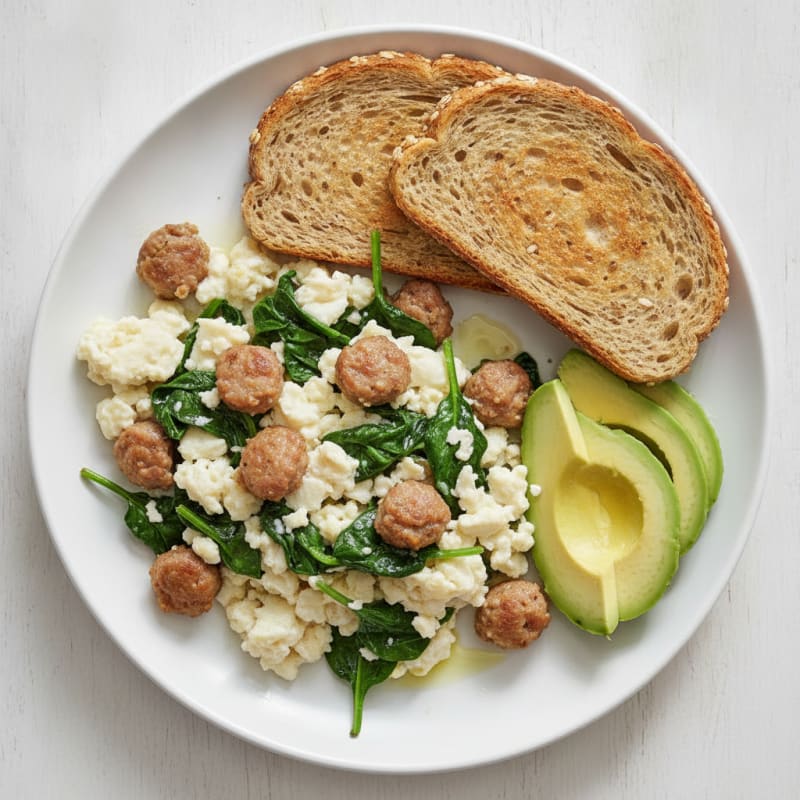 Egg White Scramble with Turkey Sausage and Sautéed Spinach