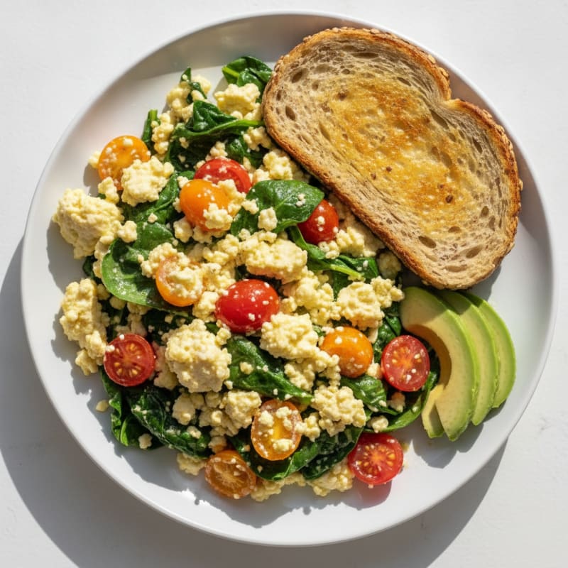 Cottage Cheese Scramble with Spinach and Cherry Tomatoes
