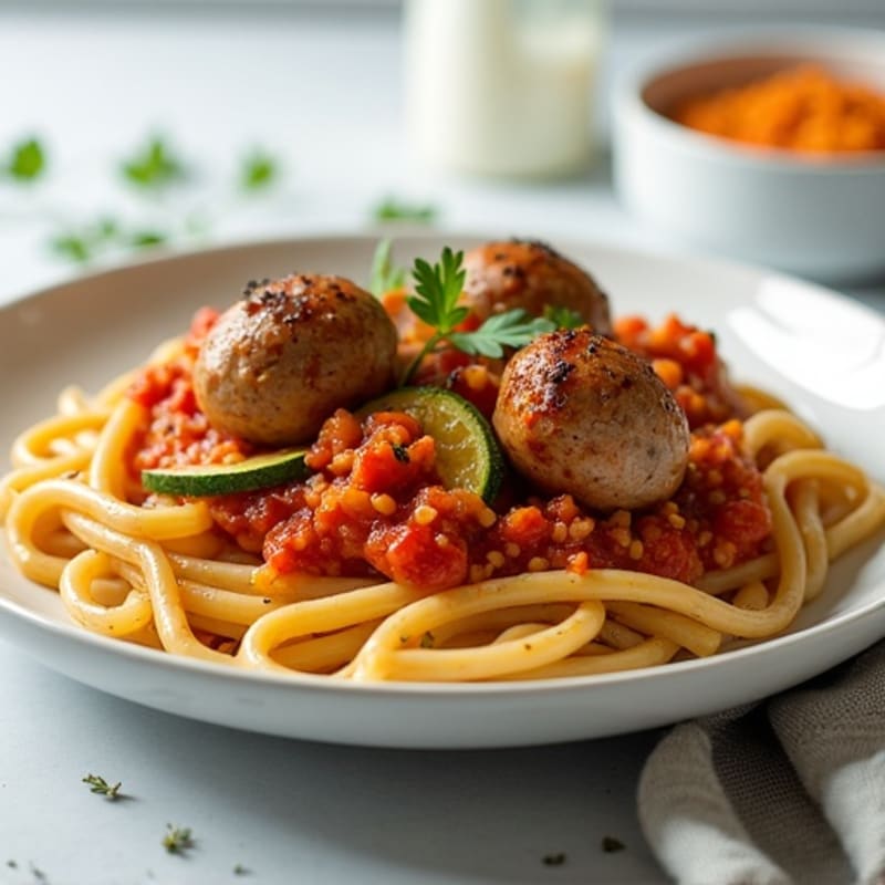 Lean Sausage and Hearty Tomato Ragu with Whole Wheat Pasta
