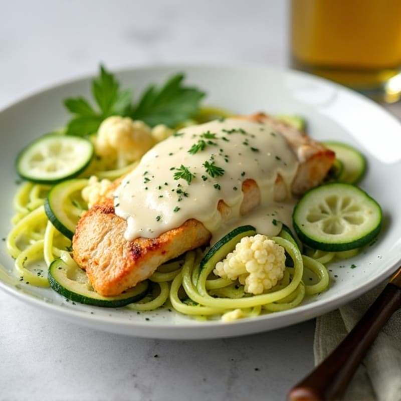 Creamy Cauliflower Alfredo Chicken with Zucchini Noodles